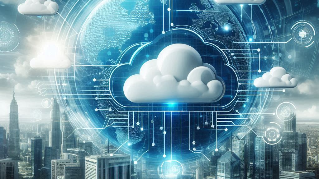 Description: Comparative infographic showing a glowing cloud server icon on the left and a physical server rack icon on the right, representing Cloud Computing vs On-Premise infrastructure for business.