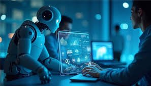 Modern enterprise professional analyzing AI-driven data visualizations on a digital dashboard to optimize business operations.